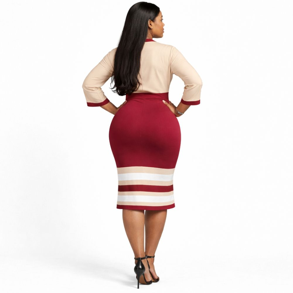 Beige and Burgundy TwoPiece Skirt Set with ButtonUp Top